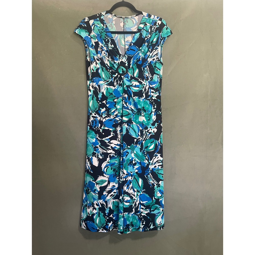 Y2K Evan-Picone Floral V-Neck Sheath Dress Blue Teal O-Ring Detail Size 14